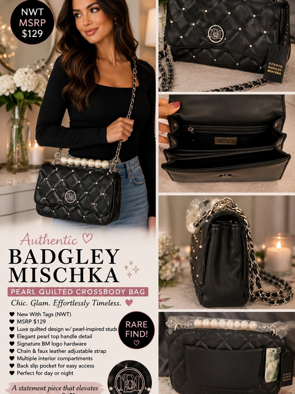NWT Studio Badgley Mischka Pearl Quilted Crossbody Bag Black Glam Purse MSRP$129
